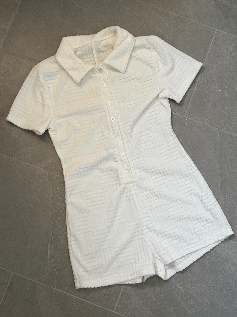 White Terry cloth Short-Sleeve Collared Romper/Coverup